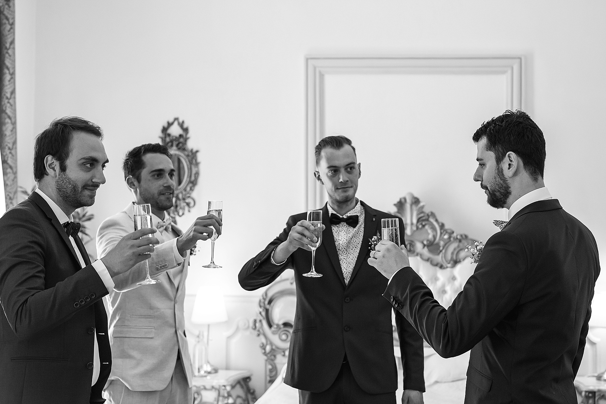 champagne toast with the groomsmen at Chateau Rieutort