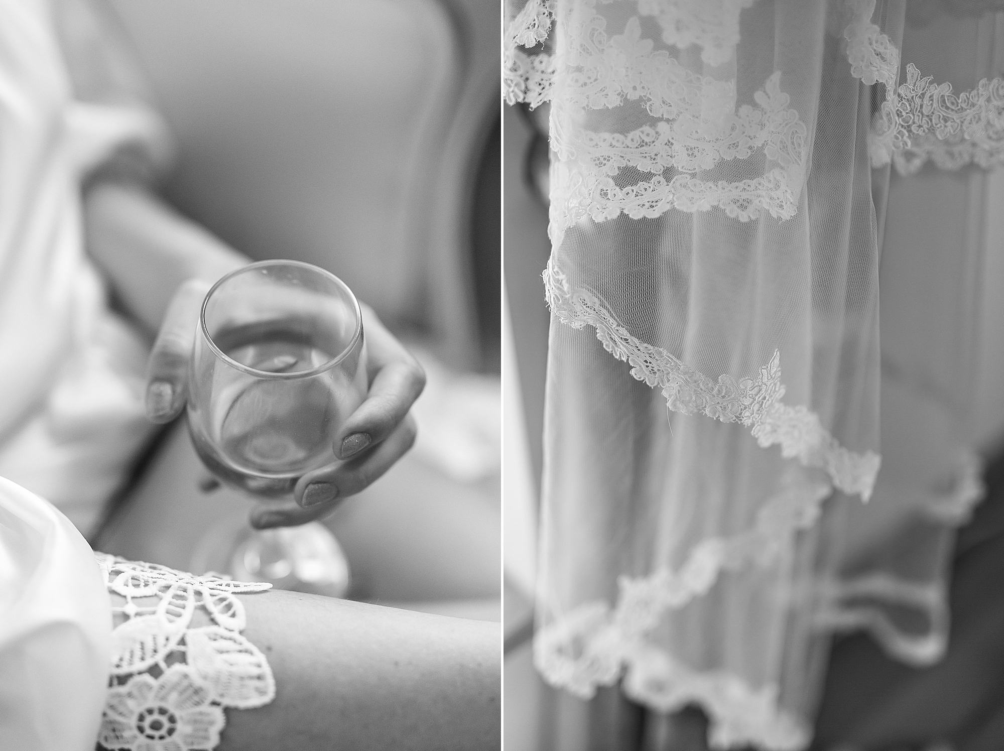 Close up of champagne and wedding veil