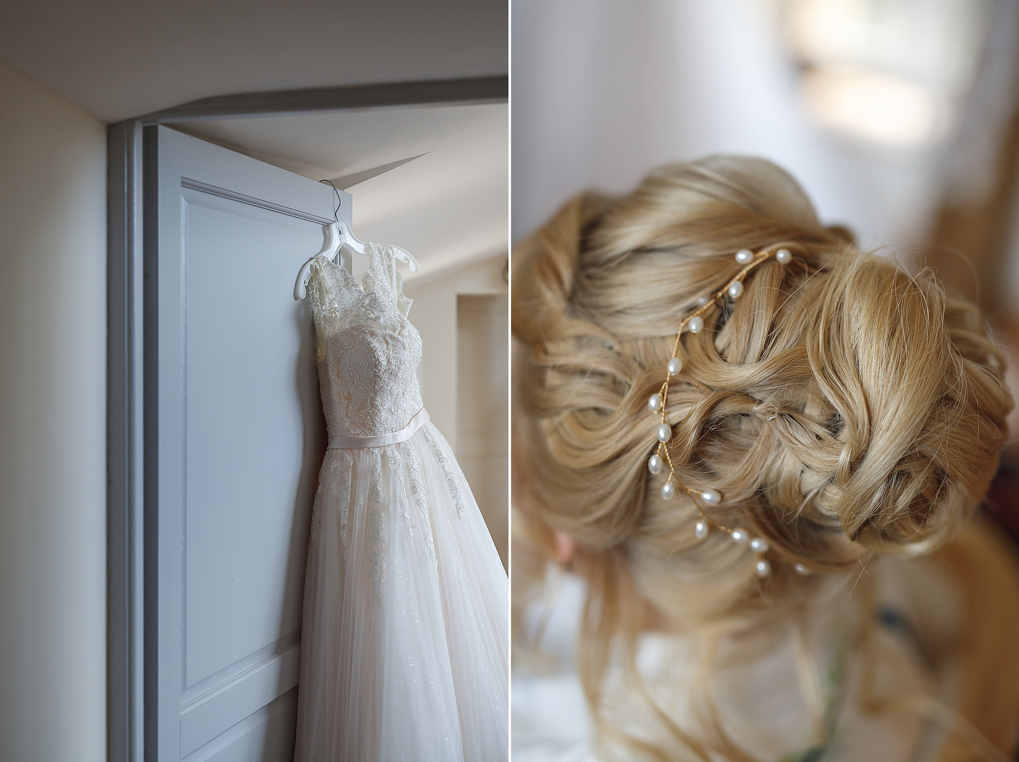 bridal gown and close up of hair